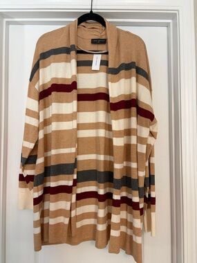 Lane Bryant Camel Multi-Striped Open Front Cardigan